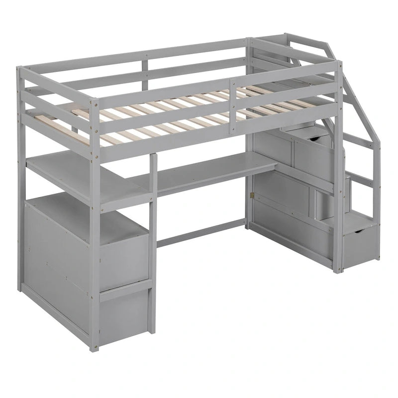 Lit mezzanine une place avec bureau et étagères