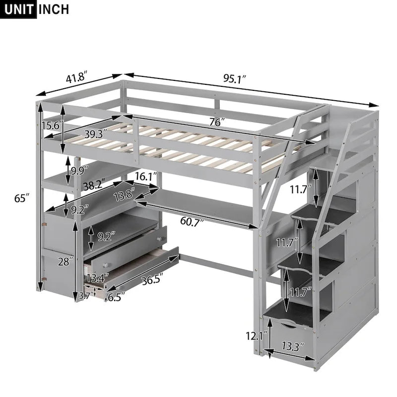 Lit mezzanine une place avec bureau et étagères