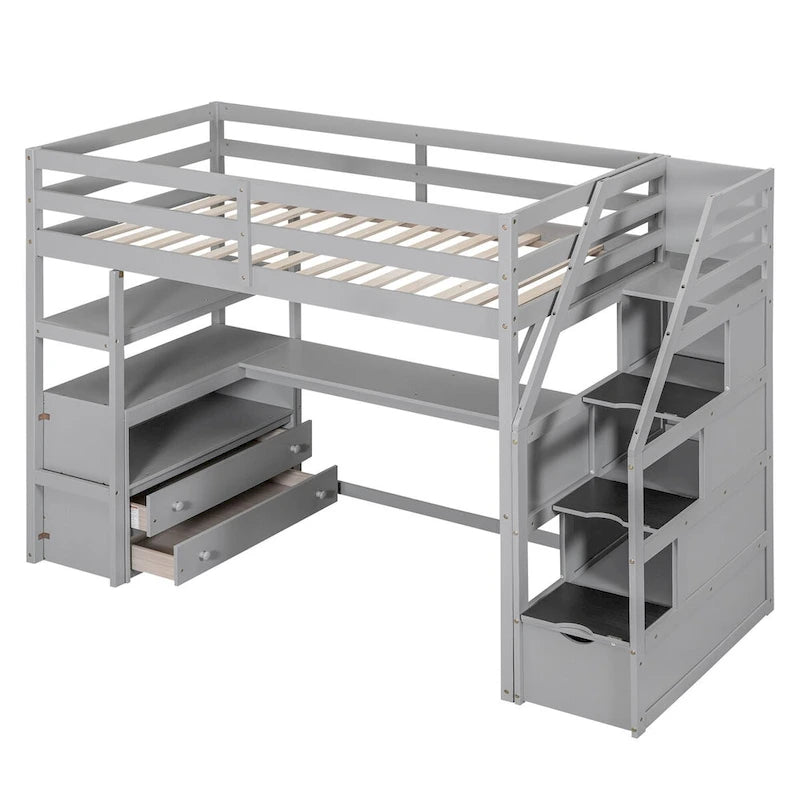 Lit mezzanine une place avec bureau et étagères