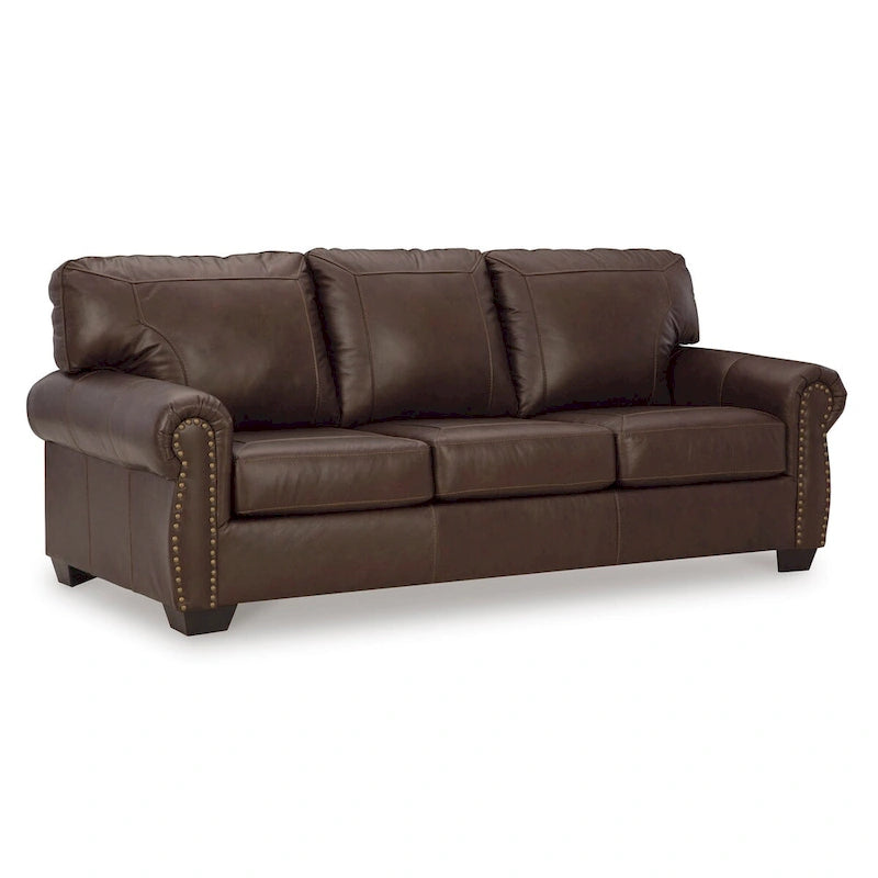 92 Inch Sofa, Nailhead Trim, Cushion Seating, Brown Leather Upholstery