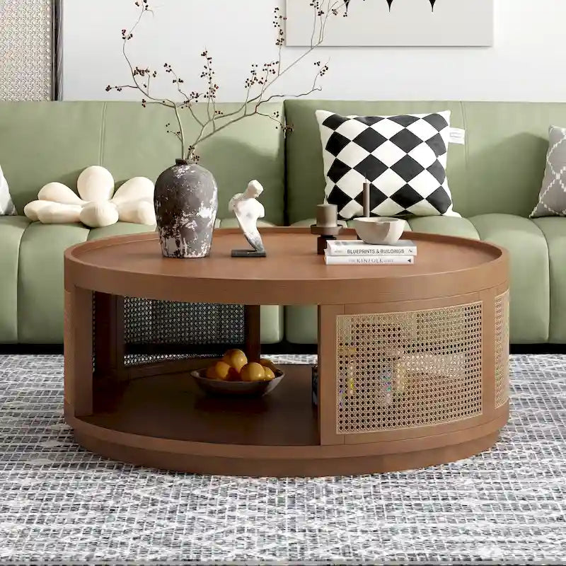 Mesa de centro redonda de ratán con lateral de ratán