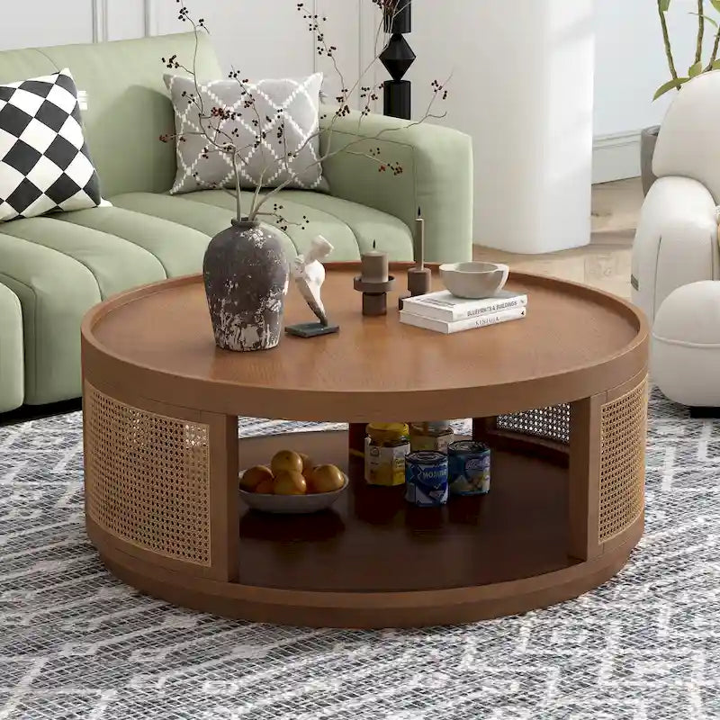 Mesa de centro redonda de ratán con lateral de ratán
