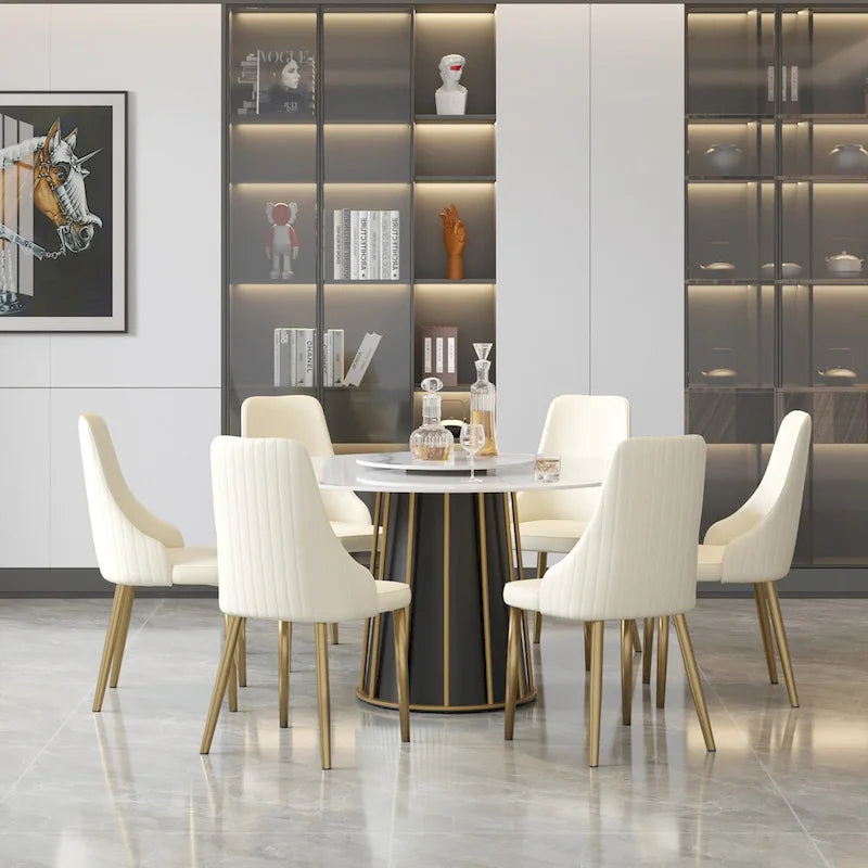 Table à manger ronde en pierre frittée blanche, 53, avec plateau tournant - N/A