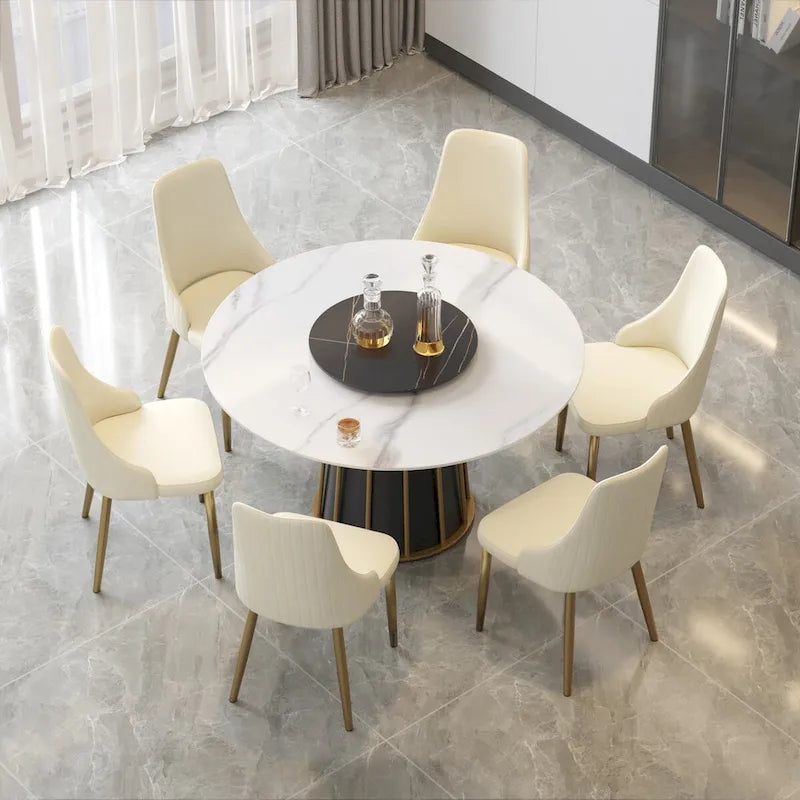 Table à manger ronde en pierre frittée blanche, 53, avec plateau tournant - N/A