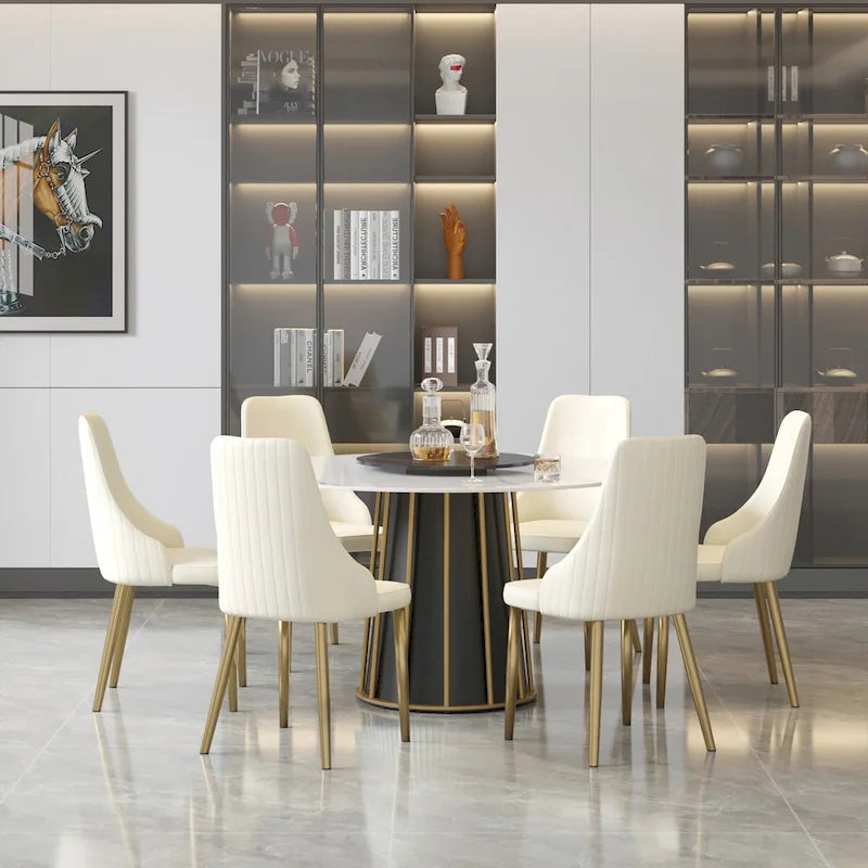 Table à manger ronde en pierre frittée blanche, 53, avec plateau tournant - N/A