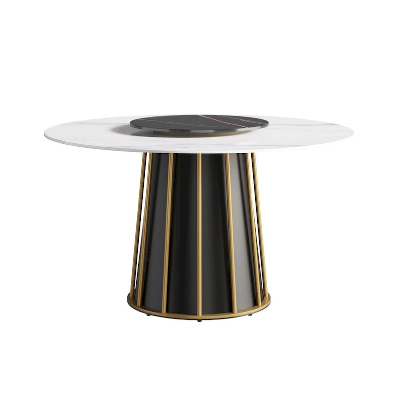 Table à manger ronde en pierre frittée blanche, 53, avec plateau tournant - N/A