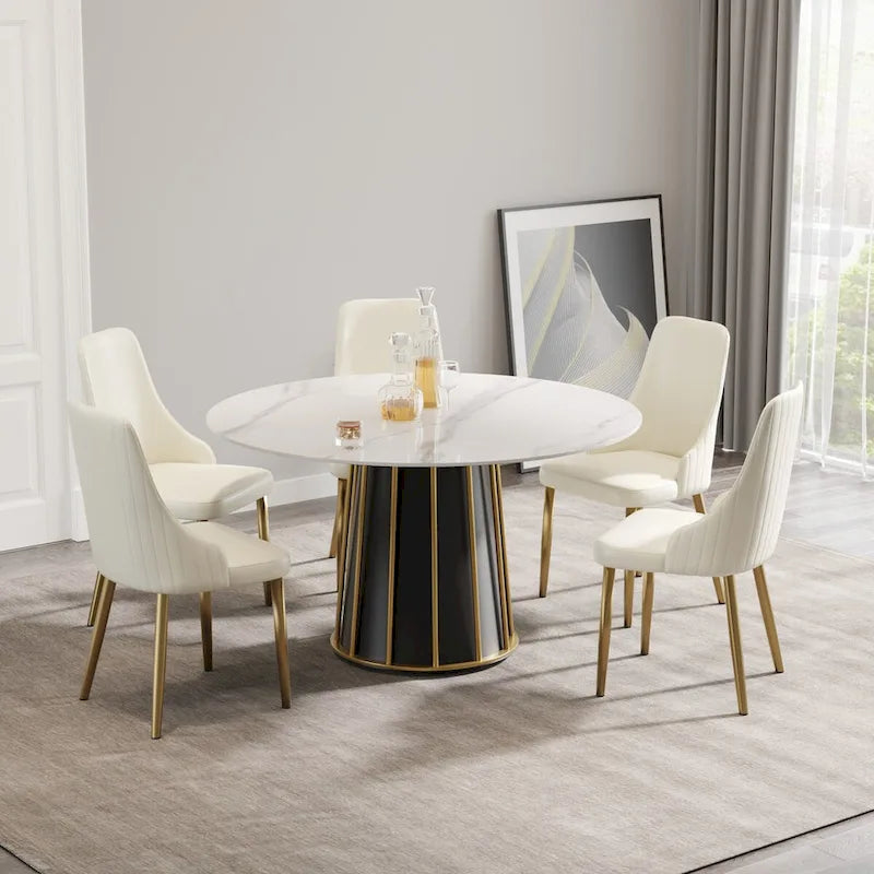 Table à manger ronde en pierre frittée blanche, 53, avec plateau tournant - N/A