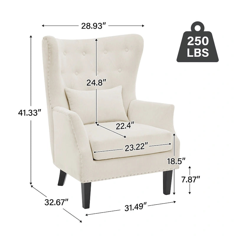 Fauteuil à oreilles en velours côtelé avec clous décoratifs, coussin lombaire et pieds en hévéa