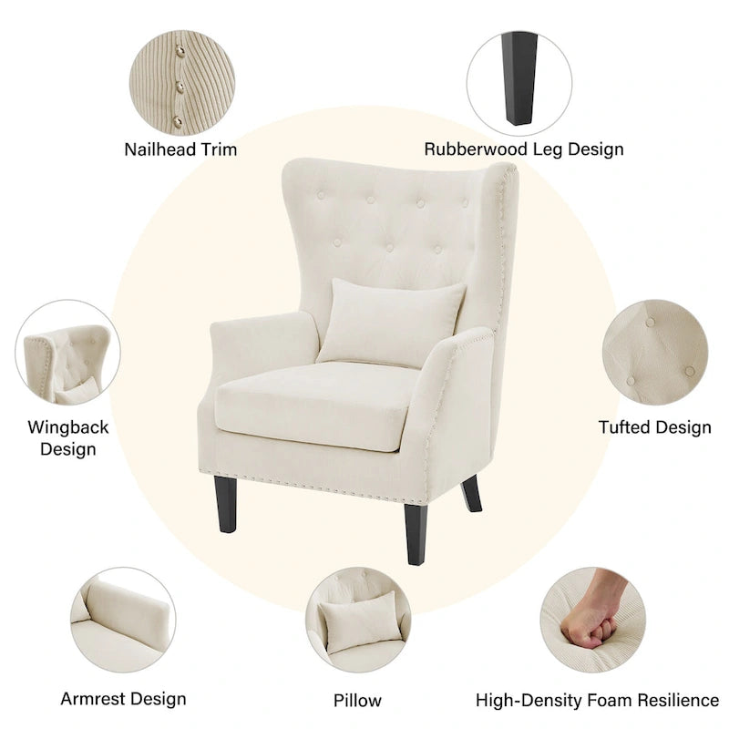 Fauteuil à oreilles en velours côtelé avec clous décoratifs, coussin lombaire et pieds en hévéa