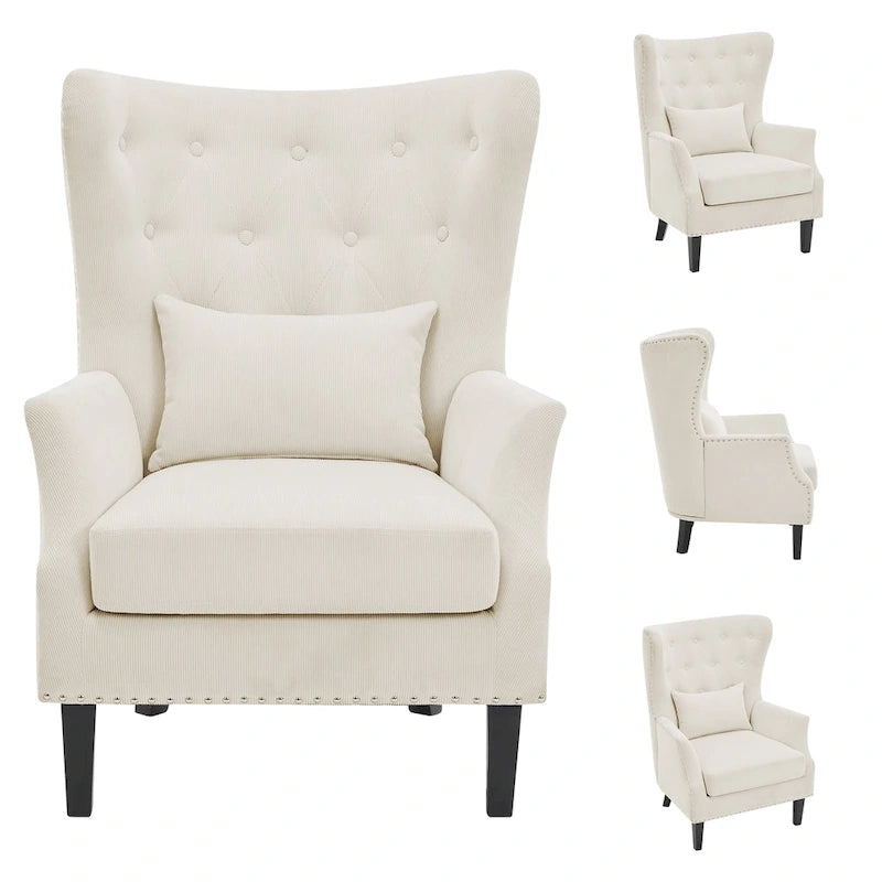 Fauteuil à oreilles en velours côtelé avec clous décoratifs, coussin lombaire et pieds en hévéa