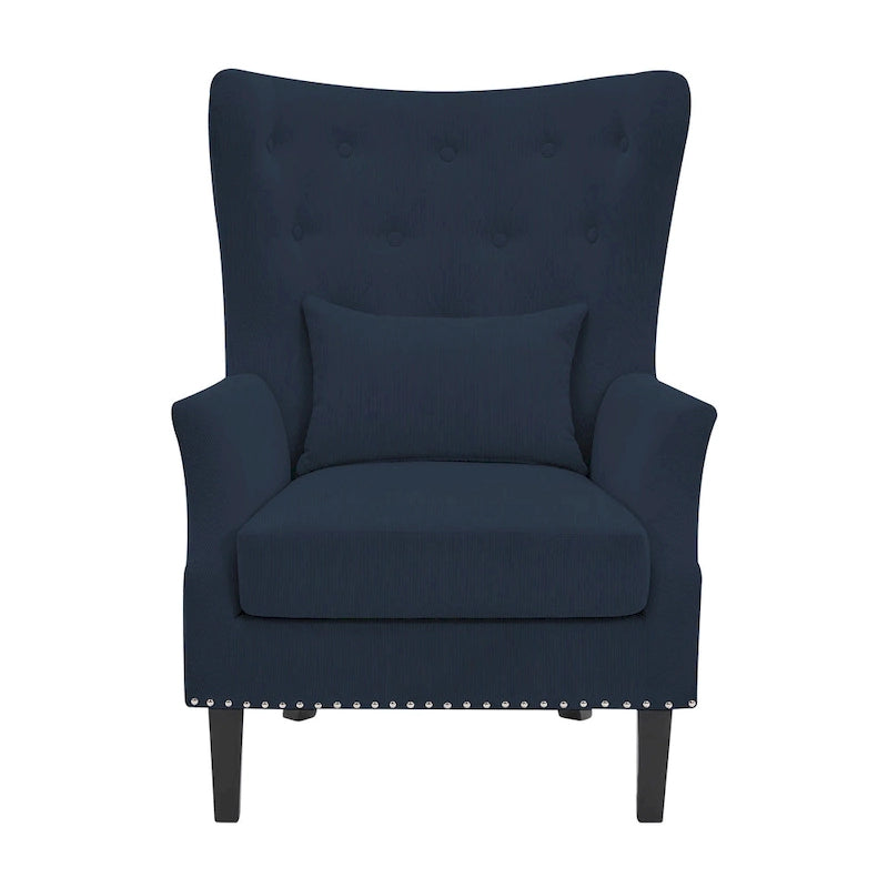 Fauteuil à oreilles en velours côtelé avec clous décoratifs, coussin lombaire et pieds en hévéa