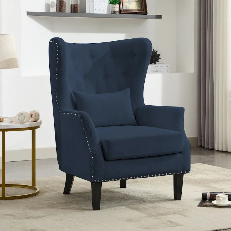 Fauteuil à oreilles en velours côtelé avec clous décoratifs, coussin lombaire et pieds en hévéa