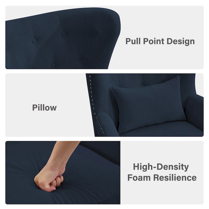 Fauteuil à oreilles en velours côtelé avec clous décoratifs, coussin lombaire et pieds en hévéa