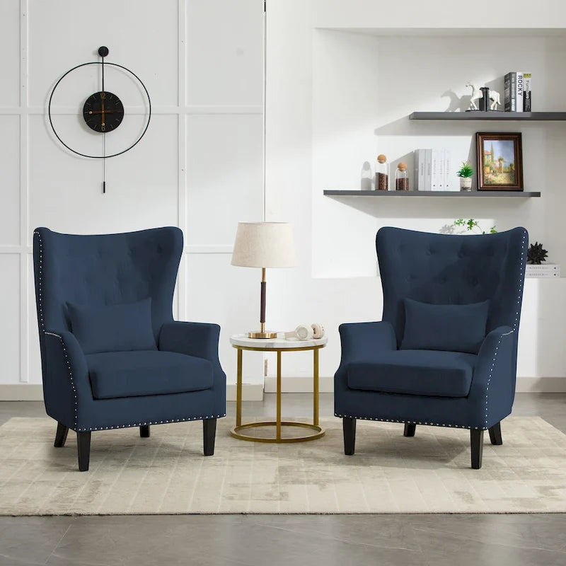 Fauteuil à oreilles en velours côtelé avec clous décoratifs, coussin lombaire et pieds en hévéa