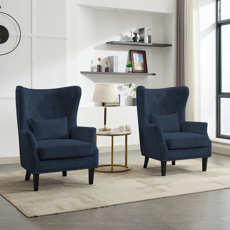 Fauteuil à oreilles en velours côtelé avec clous décoratifs, coussin lombaire et pieds en hévéa
