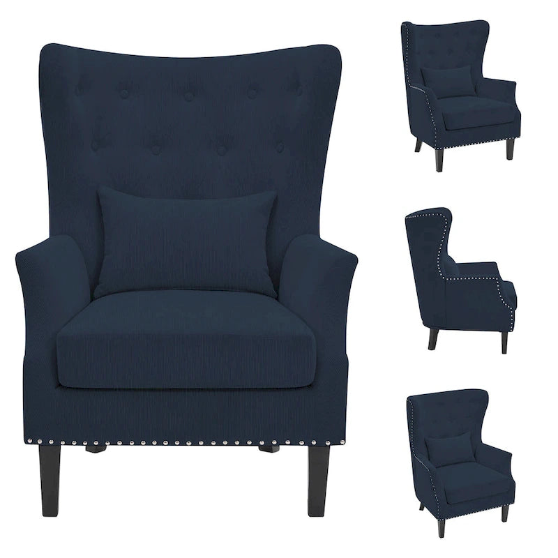 Fauteuil à oreilles en velours côtelé avec clous décoratifs, coussin lombaire et pieds en hévéa