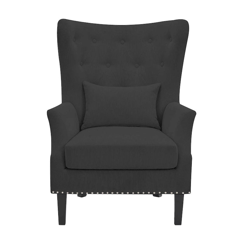 Fauteuil à oreilles en velours côtelé avec clous décoratifs, coussin lombaire et pieds en hévéa