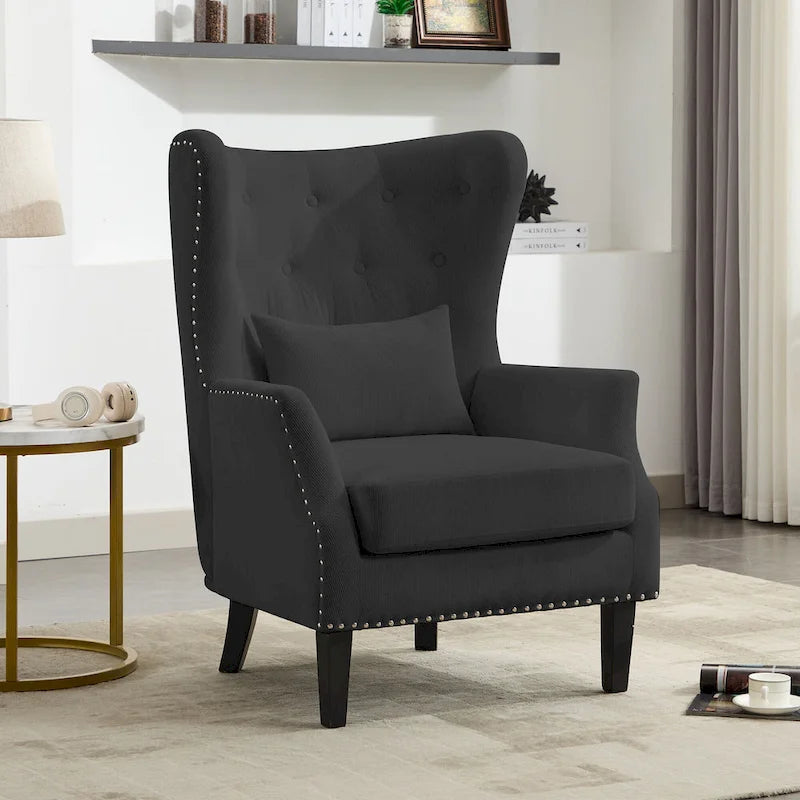 Fauteuil à oreilles en velours côtelé avec clous décoratifs, coussin lombaire et pieds en hévéa