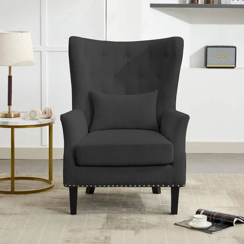 Fauteuil à oreilles en velours côtelé avec clous décoratifs, coussin lombaire et pieds en hévéa