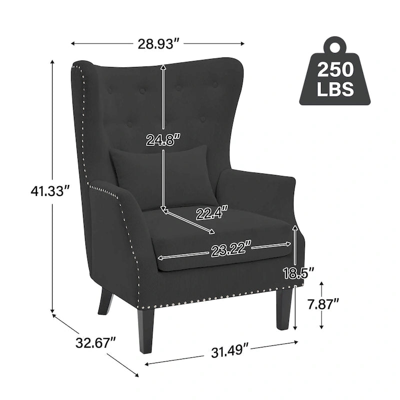 Fauteuil à oreilles en velours côtelé avec clous décoratifs, coussin lombaire et pieds en hévéa