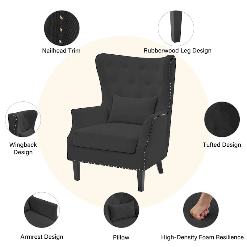 Fauteuil à oreilles en velours côtelé avec clous décoratifs, coussin lombaire et pieds en hévéa
