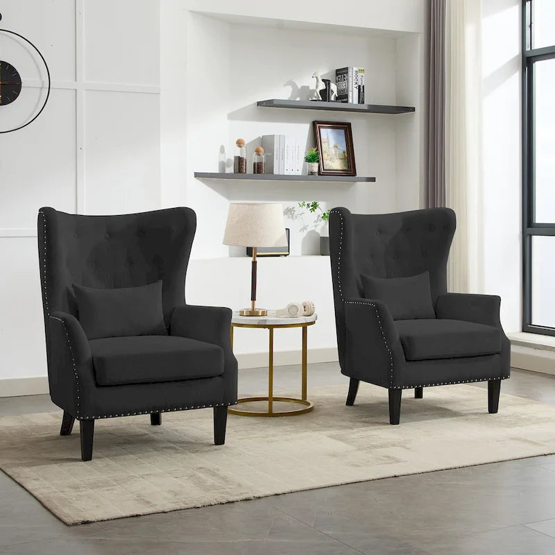 Fauteuil à oreilles en velours côtelé avec clous décoratifs, coussin lombaire et pieds en hévéa