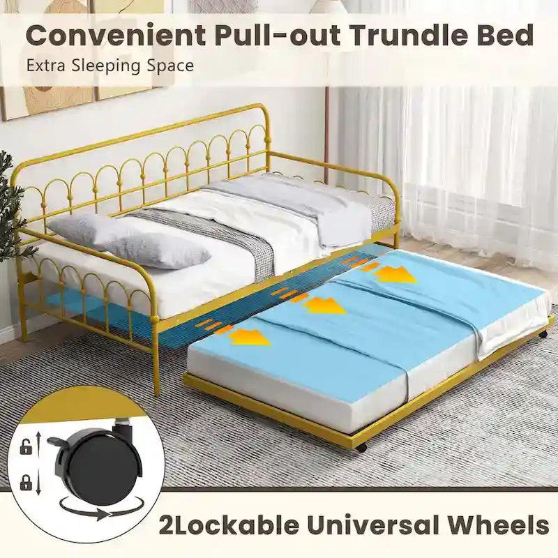 Sofá cama metálico tamaño Twin con cama nido y ruedas con freno
