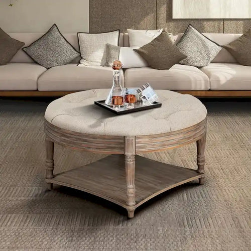 2 Tier Button Tufted Ottoman Round Coffee Table