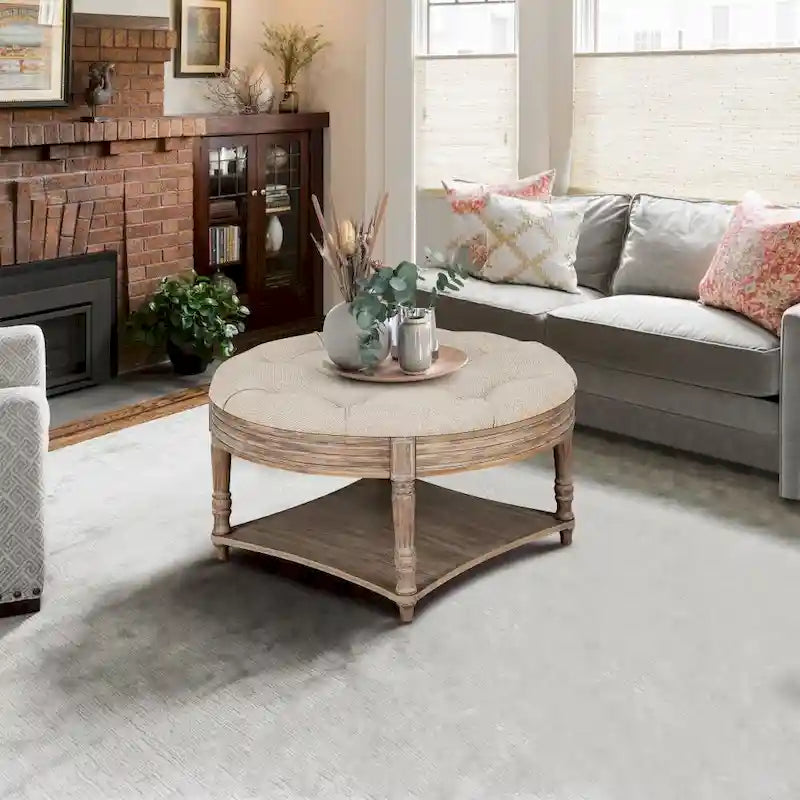 Runder Couchtisch mit 2-stufigem, knopfgeheftetem Ottomanen-Design