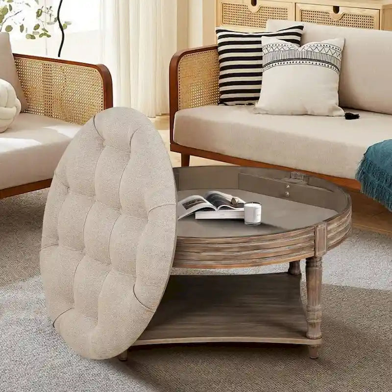 Runder Couchtisch mit 2-stufigem, knopfgeheftetem Ottomanen-Design
