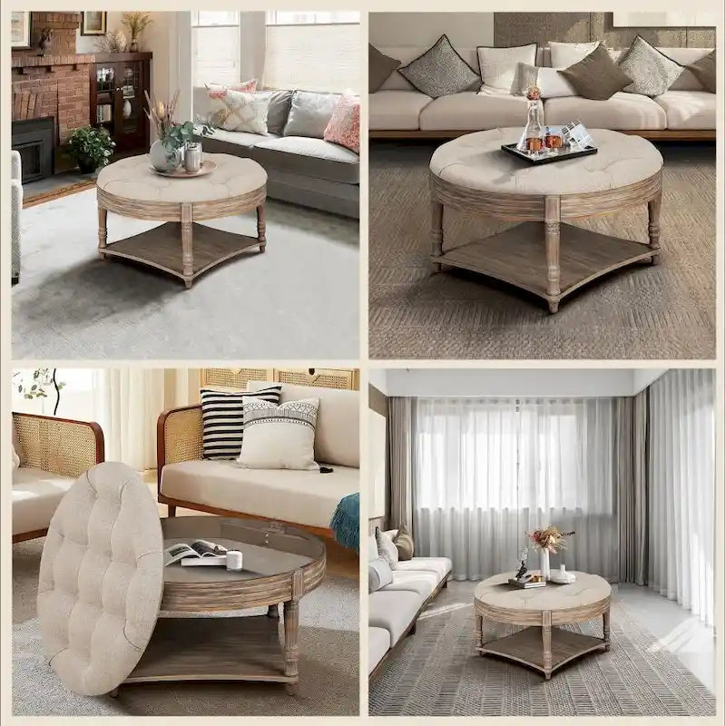 Runder Couchtisch mit 2-stufigem, knopfgeheftetem Ottomanen-Design